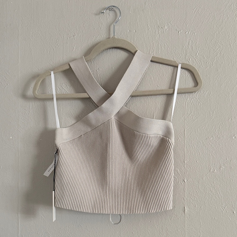 Aritzia Babaton Beige Cross-Strap Crop Top
